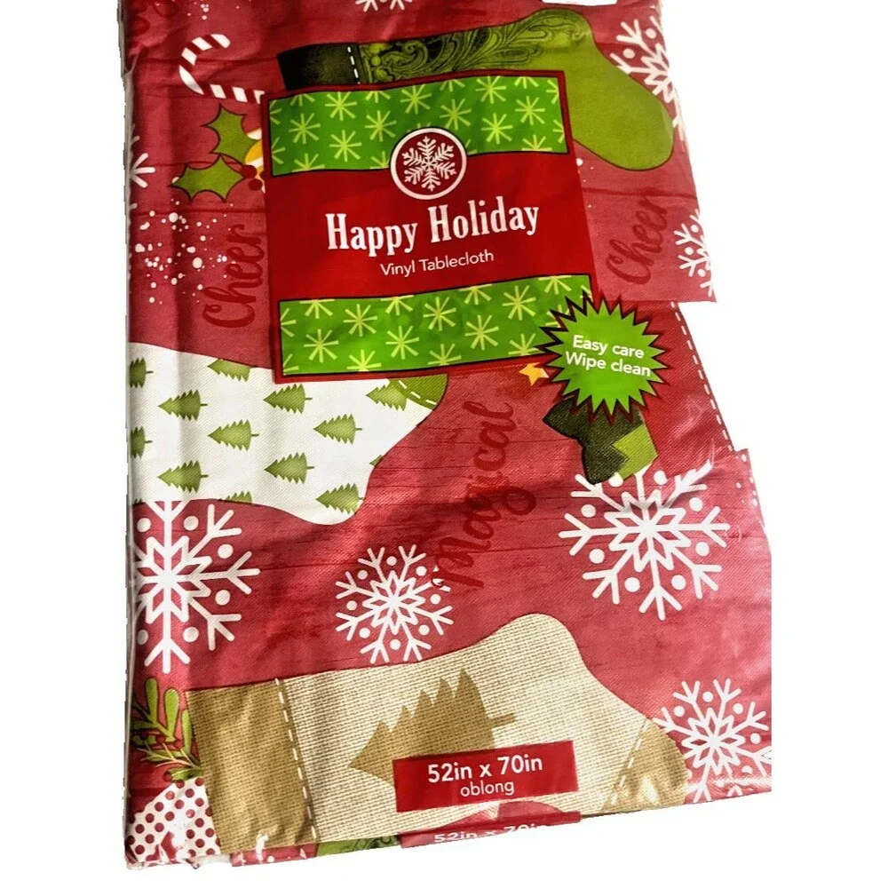 Christmas Stocking Snowflakes Vinyl Tablecloth Flannel Backed Holiday 52x70